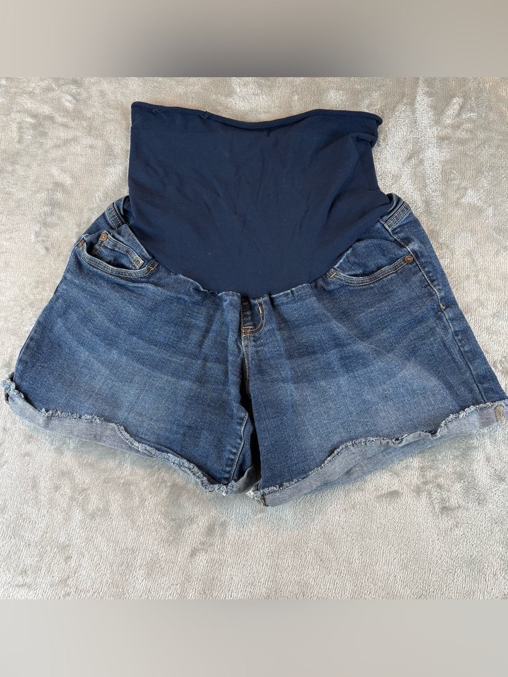 Maternity Fringe Cuffed Denim Shorts Indigo Blue w/Belly Panel Sz L